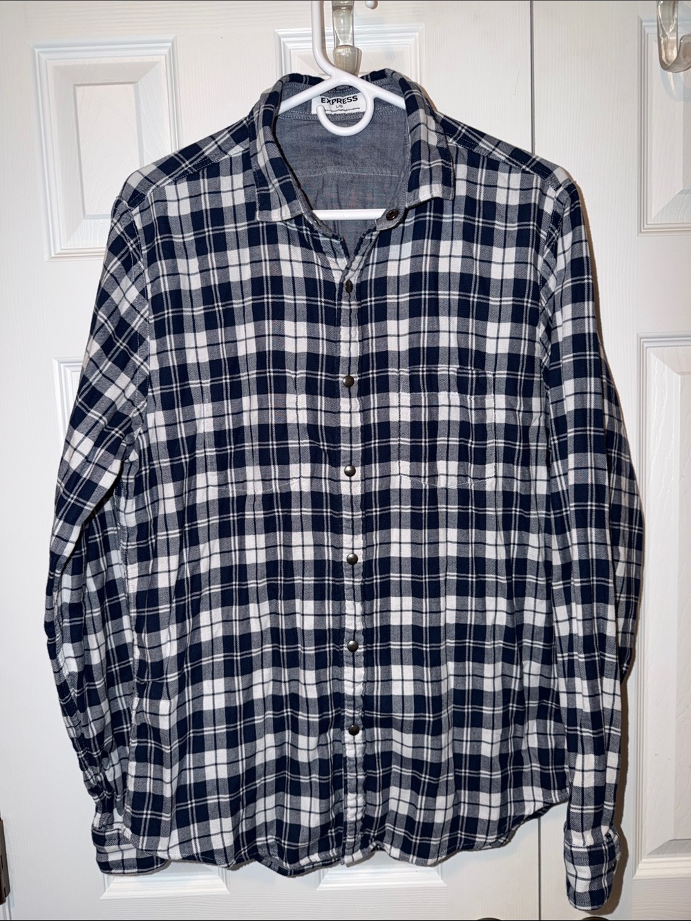Express Men’s Navy and White Plaid Button-Down Shirt